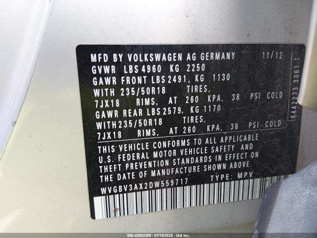 Продаж на аукціоні авто 2013 Volkswagen Tiguan Se, vin: WVGBV3AX2DW559717, номер лоту: 45582399