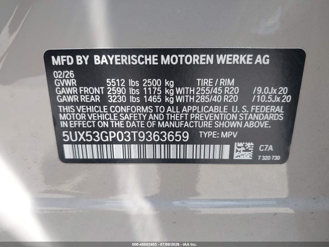 Продажа на аукционе авто 2026 Bmw X3 30 Xdrive, vin: 5UX53GP03T9363659, номер лота: 45582403