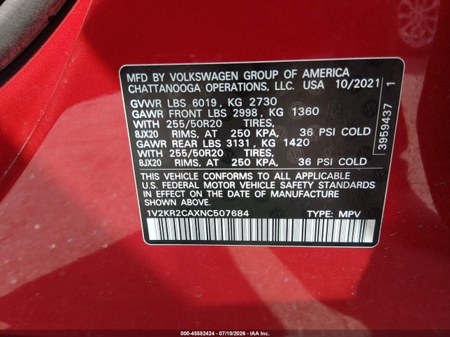 Продажа на аукционе авто 2022 Volkswagen Atlas 3.6l V6 Se W/technology, vin: 1V2KR2CAXNC507684, номер лота: 45582424