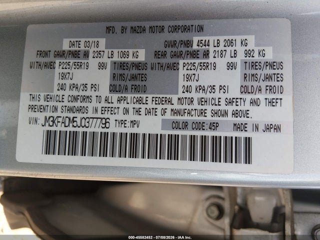 45582452 :رقم المزاد ، JM3KFADM5J0377796 vin ، 2018 Mazda Cx-5 Grand Touring مزاد بيع