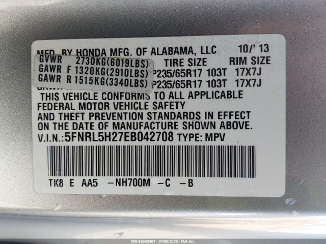 Honda ODYSSEY LX 2014 5FNRL5H27EB042708 Image 9