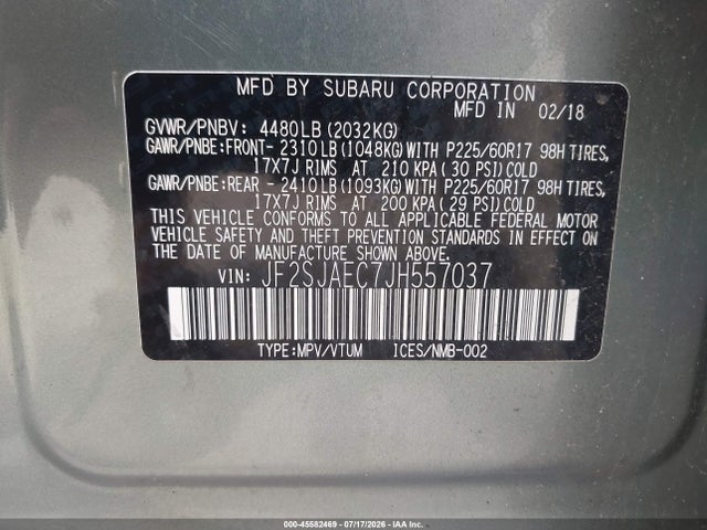 Продаж на аукціоні авто 2018 Subaru Forester 2.5i Premium, vin: JF2SJAEC7JH557037, номер лоту: 45582469
