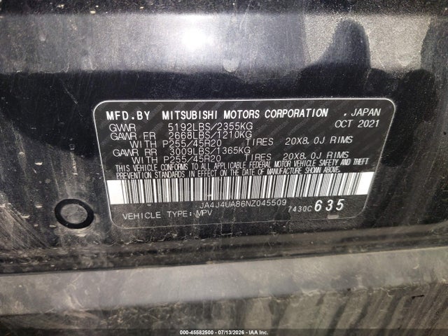 Aukcja sprzedaży 2022 Mitsubishi Outlander Black Edition S-awc/se 2.5 S-awc/se Launch Edition S-awc, vin: JA4J4UA86NZ045509, numer aukcji: 45582500