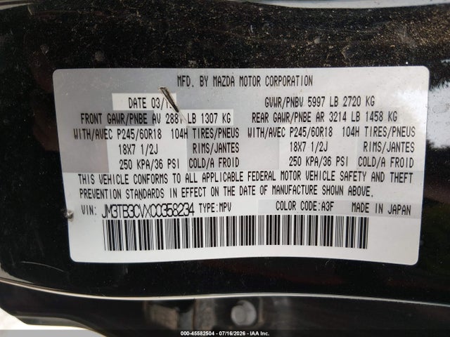 Aukcja sprzedaży 2012 Mazda Cx-9 Touring, vin: JM3TB3CVXC0358234, numer aukcji: 45582504