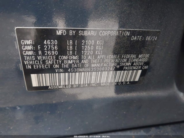 2025 Subaru Legacy მანქანა იყიდება აუქციონზე, vin: 4S3BWAB63S3003247, აუქციონის ნომერი: 45582516