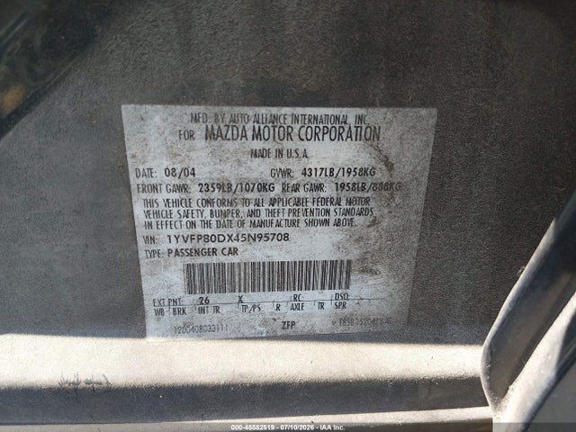 Aukcja sprzedaży 2004 Mazda Mazda6 S, vin: 1YVFP80DX45N95708, numer aukcji: 45582519