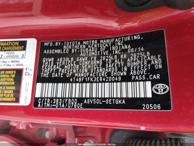45582524 :رقم المزاد ، 4T4BF1FK3ER420049 vin ، 2014 Toyota Camry Xle مزاد بيع
