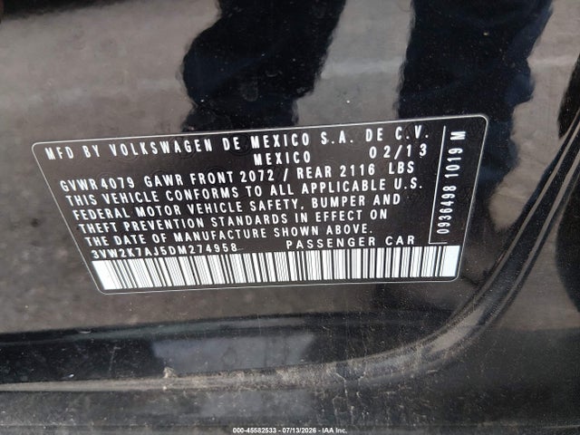 45582533 :رقم المزاد ، 3VW2K7AJ5DM274958 vin ، 2013 Volkswagen Jetta 2.0l S مزاد بيع
