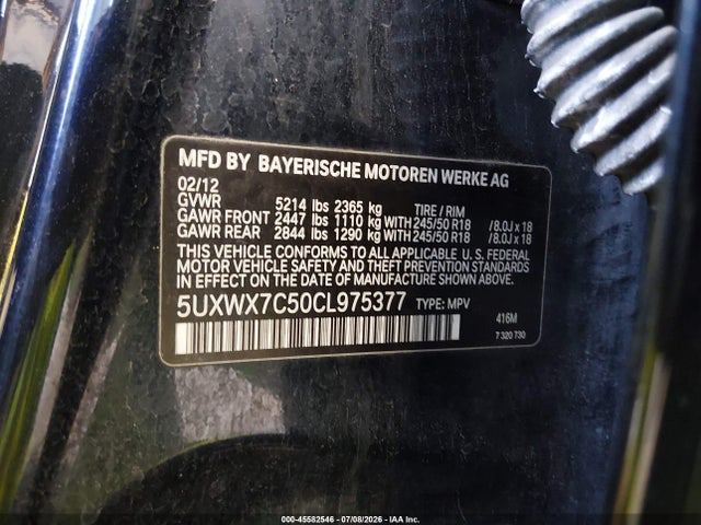 Auction sale of the 2012 Bmw X3 Xdrive35i, vin: 5UXWX7C50CL975377, lot number: 45582546