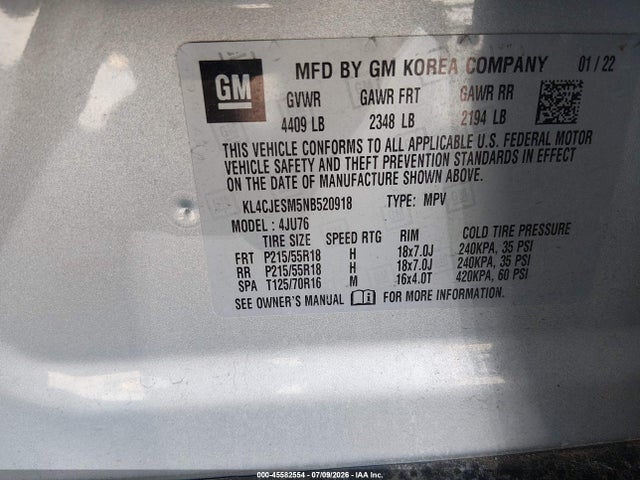 Aukcja sprzedaży 2022 Buick Encore Awd Preferred, vin: KL4CJESM5NB520918, numer aukcji: 45582554