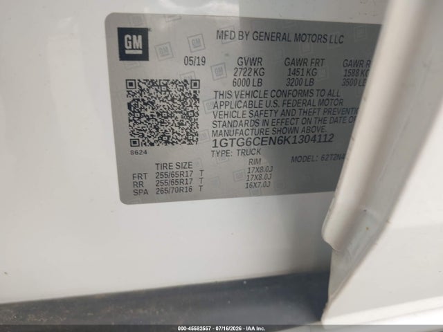 Продаж на аукціоні авто 2019 Gmc Canyon Sle, vin: 1GTG6CEN6K1304112, номер лоту: 45582557