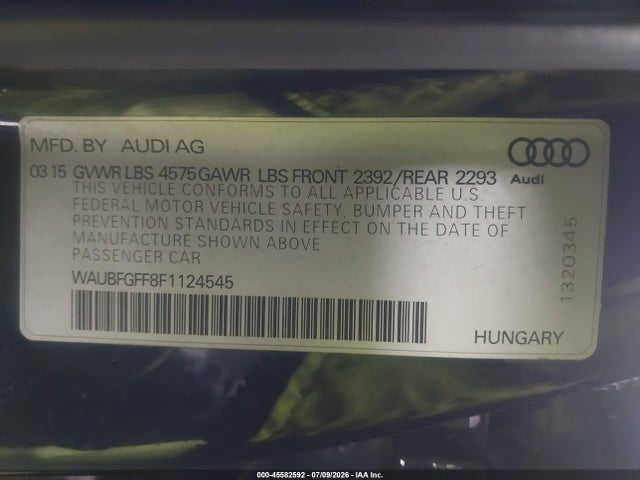45582592 :رقم المزاد ، WAUBFGFF8F1124545 vin ، 2015 Audi A3 2.0t Premium مزاد بيع
