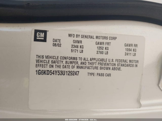 Продаж на аукціоні авто 2003 Cadillac Deville Standard, vin: 1G6KD54Y53U129247, номер лоту: 45582599