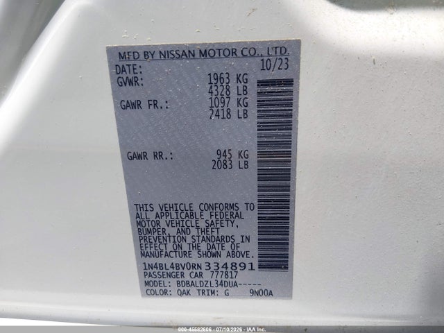 2024 Nissan Altima S Fwd მანქანა იყიდება აუქციონზე, vin: 1N4BL4BV0RN334891, აუქციონის ნომერი: 45582606