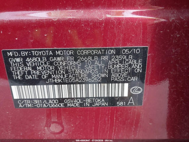 45582647 :رقم المزاد ، JTHBK1EG5A2396252 vin ، 2010 Lexus Es 350 مزاد بيع