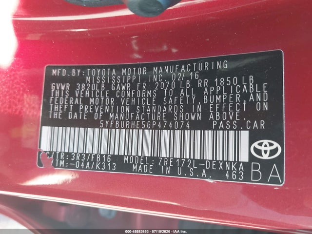 5YFBURHE5GP474074 Toyota COROLLA LE