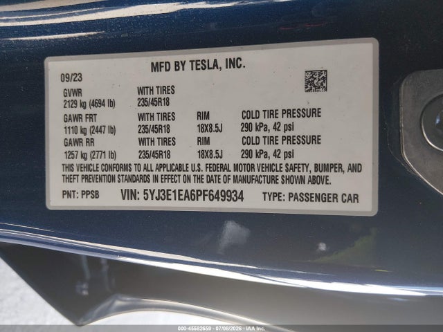 Продажа на аукционе авто 2023 Tesla Model 3 Rear-wheel Drive, vin: 5YJ3E1EA6PF649934, номер лота: 45582659