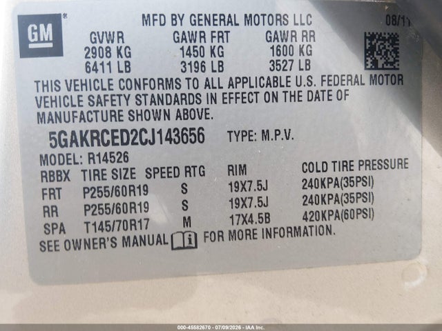 45582670 :رقم المزاد ، 5GAKRCED2CJ143656 vin ، 2012 Buick Enclave Leather مزاد بيع