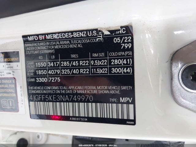 4JGFF5KE3NA749970 Mercedes-Benz Gls 450 4matic