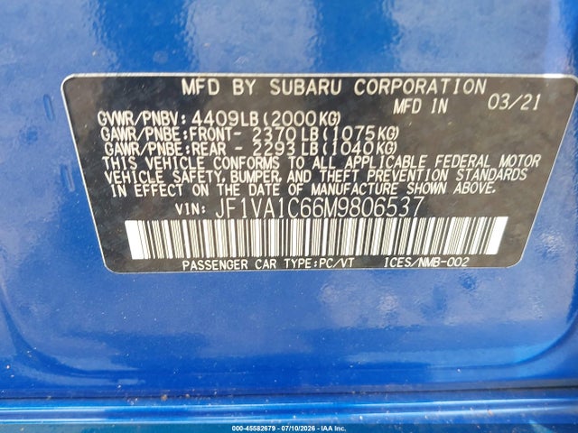 Aukcja sprzedaży 2021 Subaru Wrx Premium, vin: JF1VA1C66M9806537, numer aukcji: 45582679