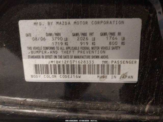 45582685 :رقم المزاد ، JM1BK12F071628333 vin ، 2007 Mazda Mazda3 I Sport مزاد بيع