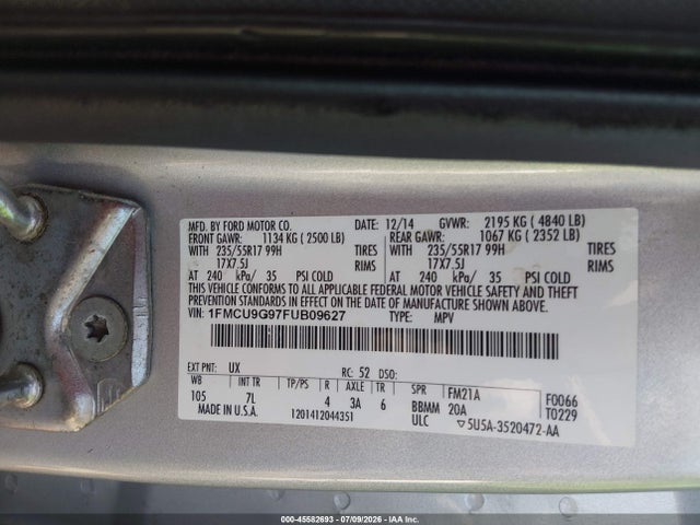 Продаж на аукціоні авто 2015 Ford Escape Se, vin: 1FMCU9G97FUB09627, номер лоту: 45582693