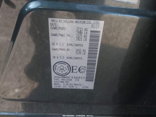 Aukcja sprzedaży 2013 Infiniti Jx35, vin: 5N1AL0MM4DC336453, numer aukcji: 45582695