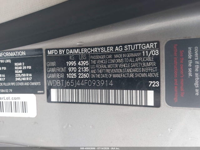 45582698 :رقم المزاد ، WDBTJ65J44F093914 vin ، 2004 Mercedes-benz Clk 320 مزاد بيع