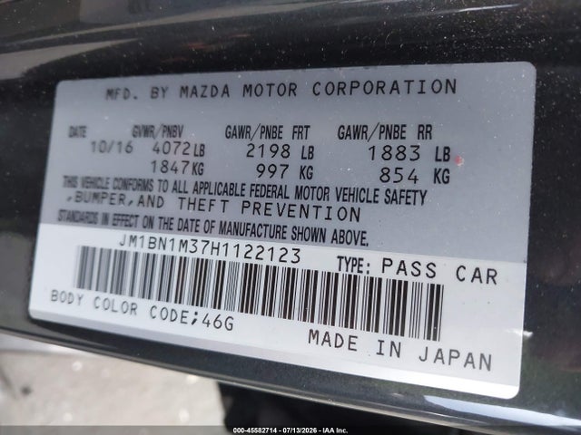2017 Mazda Mazda3 Grand Touring მანქანა იყიდება აუქციონზე, vin: JM1BN1M37H1122123, აუქციონის ნომერი: 45582714