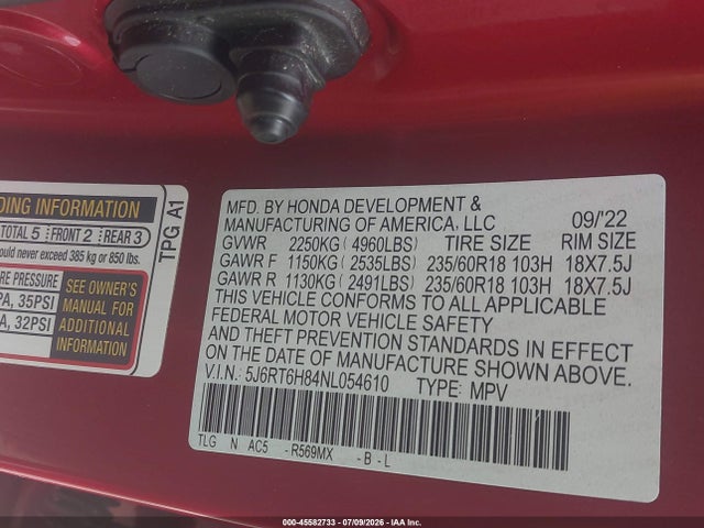 Продажа на аукционе авто 2022 Honda Cr-v Hybrid Ex-l, vin: 5J6RT6H84NL054610, номер лота: 45582733