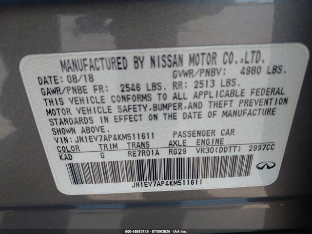 Aukcja sprzedaży 2019 Infiniti Q50 3.0t Luxe, vin: JN1EV7AP4KM511611, numer aukcji: 45582745