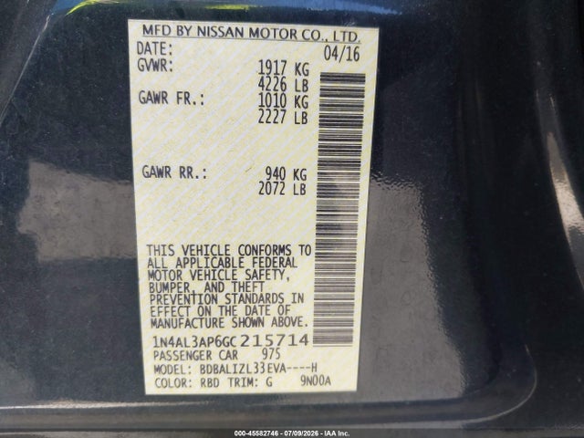 1N4AL3AP6GC215714 Nissan Altima 2.5 Sv