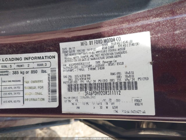 2013 Ford Fusion Se მანქანა იყიდება აუქციონზე, vin: 3FA6P0H92DR311112, აუქციონის ნომერი: 45582770