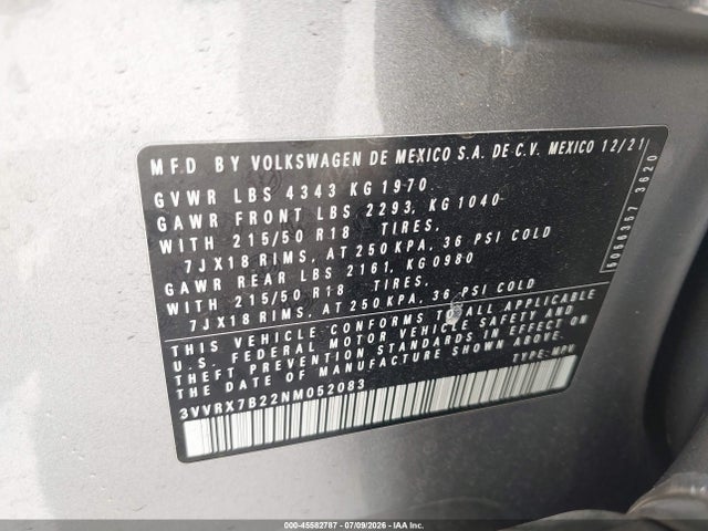 2022 Volkswagen Taos 1.5t Se მანქანა იყიდება აუქციონზე, vin: 3VVRX7B22NM052083, აუქციონის ნომერი: 45582787