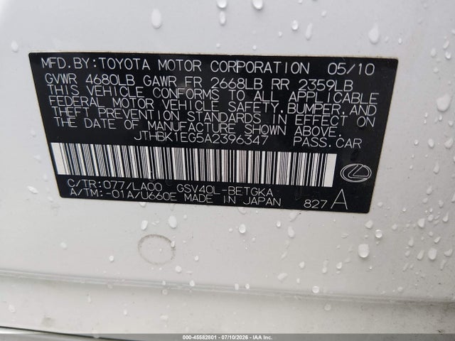 45582801 :رقم المزاد ، JTHBK1EG5A2396347 vin ، 2010 Lexus Es 350 مزاد بيع