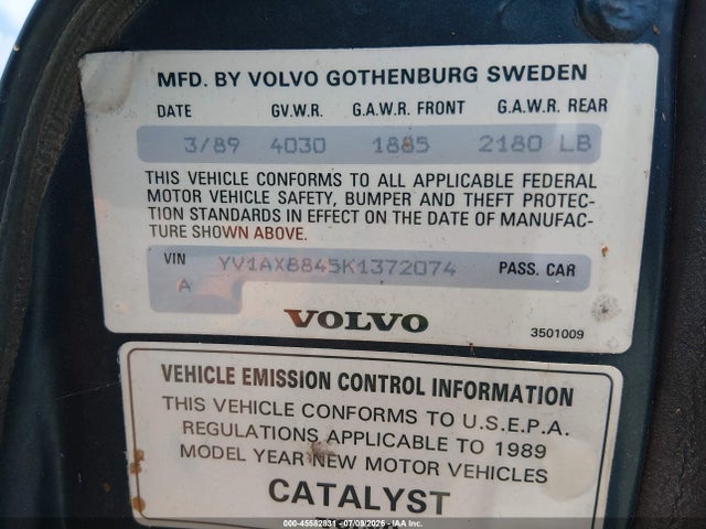 45582831 :رقم المزاد ، YV1AX8845K1372074 vin ، 1989 Volvo 244 Dl/gl مزاد بيع