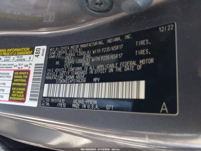 45582845 :رقم المزاد ، 5TDKRKEC4PS146356 vin ، 2023 Toyota Sienna Le مزاد بيع