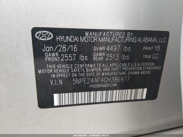 Продаж на аукціоні авто 2016 Hyundai Sonata Se, vin: 5NPE24AF4GH386977, номер лоту: 45582867