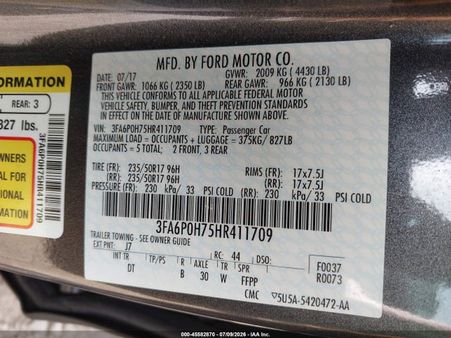 Продаж на аукціоні авто 2017 Ford Fusion Se, vin: 3FA6P0H75HR411709, номер лоту: 45582870