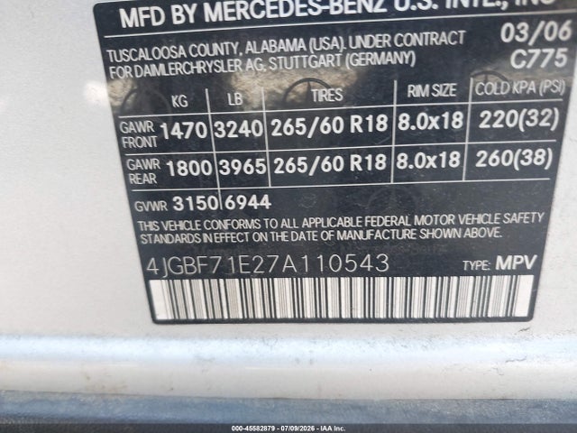 45582879 :رقم المزاد ، 4JGBF71E27A110543 vin ، 2007 Mercedes-benz Gl 450 4matic مزاد بيع