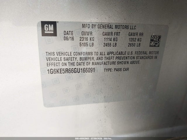 45582903 :رقم المزاد ، 1G6KE5R66GU166091 vin ، 2016 Cadillac Ct6 Twin Turbo Luxury مزاد بيع