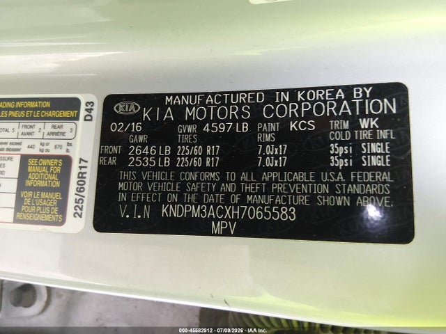Продаж на аукціоні авто 2017 Kia Sportage Lx, vin: KNDPM3ACXH7065583, номер лоту: 45582912