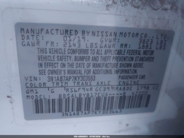 Auction sale of the 2019 Nissan Sentra S, vin: 3N1AB7AP7KY303663, lot number: 45582931
