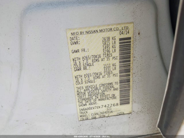 Aukcja sprzedaży 2014 Nissan Frontier Sv, vin: 1N6AD0EV7EN742268, numer aukcji: 45582936
