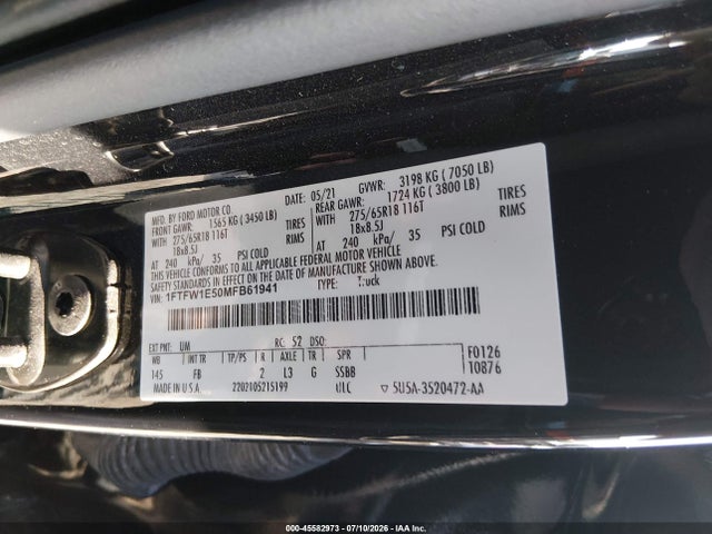 Aukcja sprzedaży 2021 Ford F-150 Xlt, vin: 1FTFW1E50MFB61941, numer aukcji: 45582973