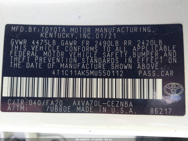 Продажа на аукционе авто 2021 Toyota Camry Le, vin: 4T1C11AK5MU550112, номер лота: 45582978