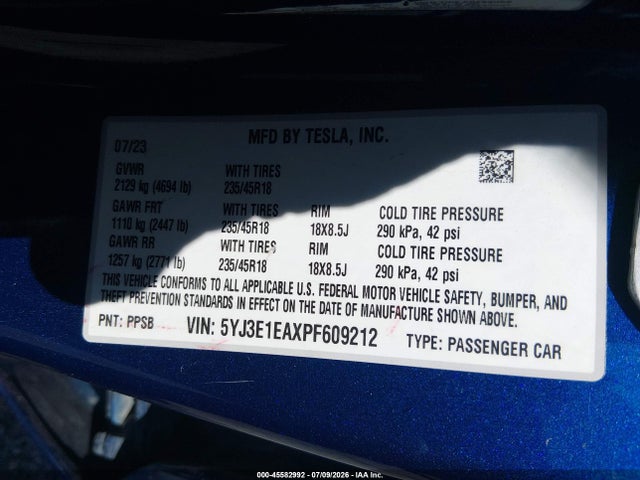 Aukcja sprzedaży 2023 Tesla Model 3 Rear-wheel Drive, vin: 5YJ3E1EAXPF609212, numer aukcji: 45582992