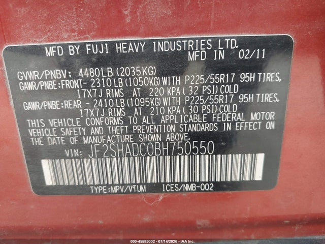 2011 Subaru Forester 2.5x Premium მანქანა იყიდება აუქციონზე, vin: JF2SHADC0BH750550, აუქციონის ნომერი: 45583002