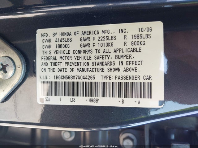 45583005 :رقم المزاد ، 1HGCM568X7A044265 vin ، 2007 Honda Accord 2.4 Ex مزاد بيع