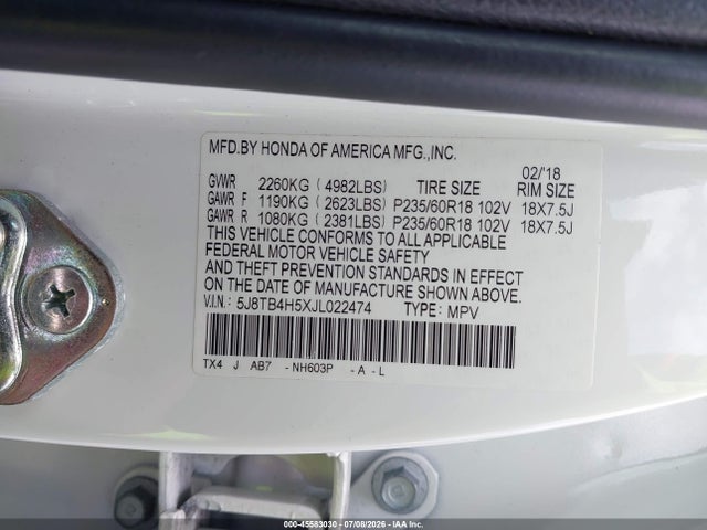 45583030 :رقم المزاد ، 5J8TB4H5XJL022474 vin ، 2018 Acura Rdx Technology   Acurawatch Plus Packages/technology Package مزاد بيع